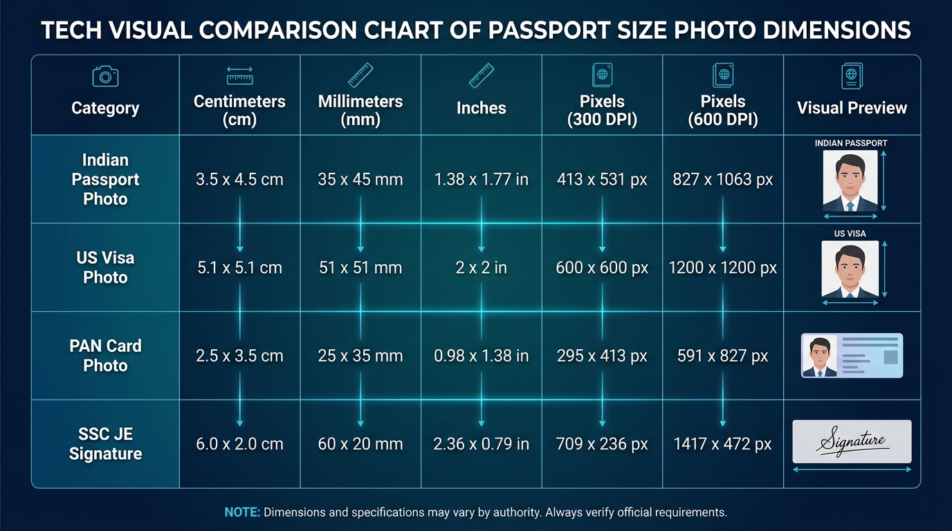 Standard Photo Sizes and Document Dimensions Comparison Chart