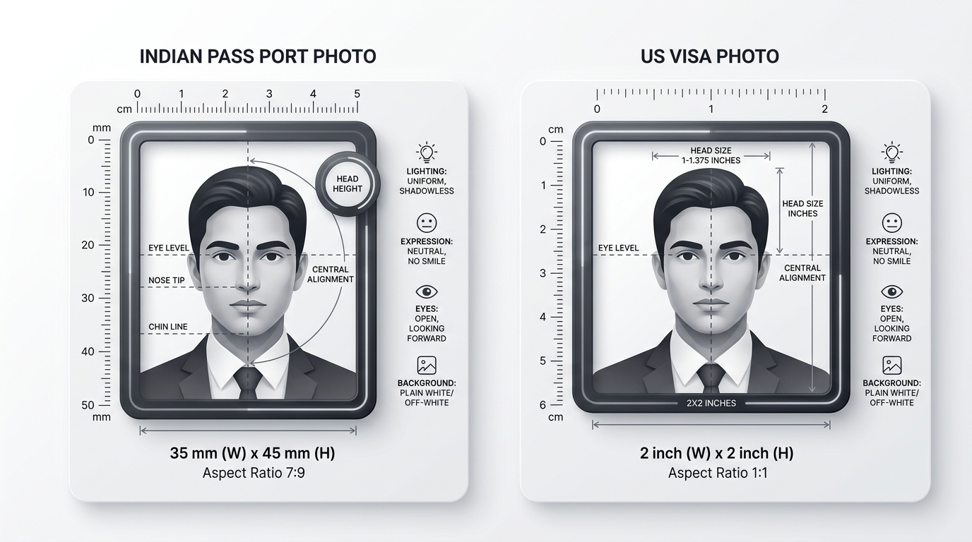 Indian Passport Photo Size 35x45mm (7:9 Ratio) vs US Visa Photo 2x2 Inch (1:1 Ratio) Biometric Standards Visual Diagram