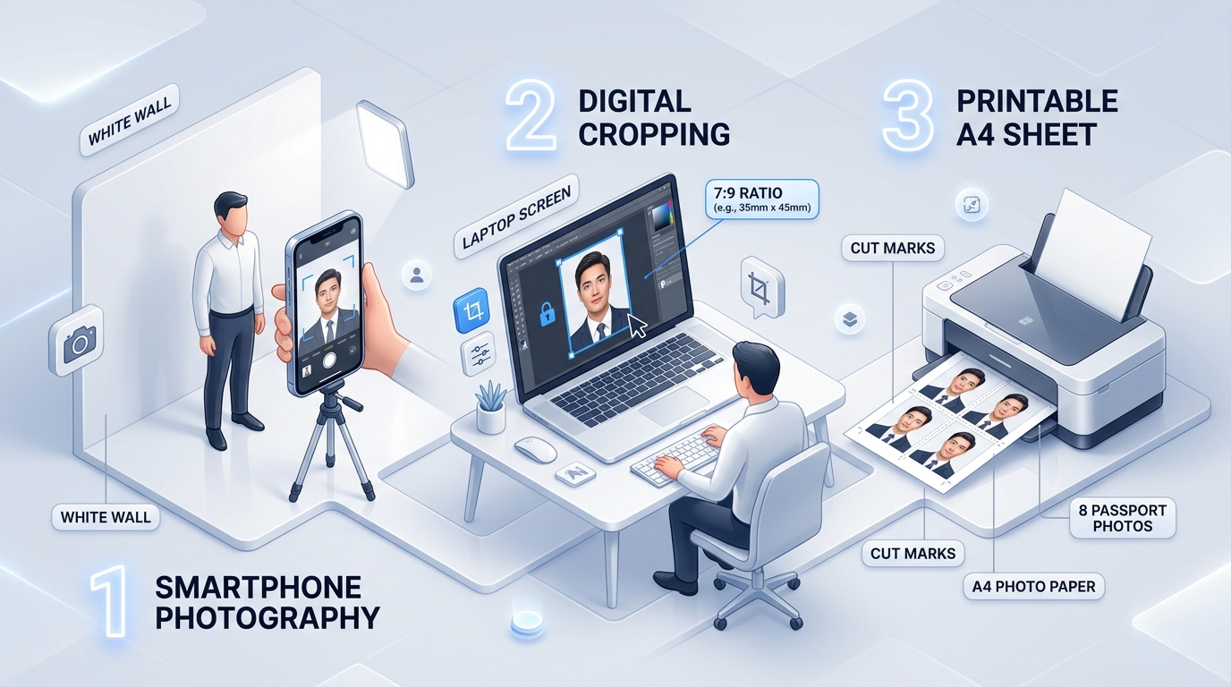 3-Step Home Passport Photo Making Process: Smartphone Photography, Digital Ratio Cropping, and Printable A4 Sheet Generator